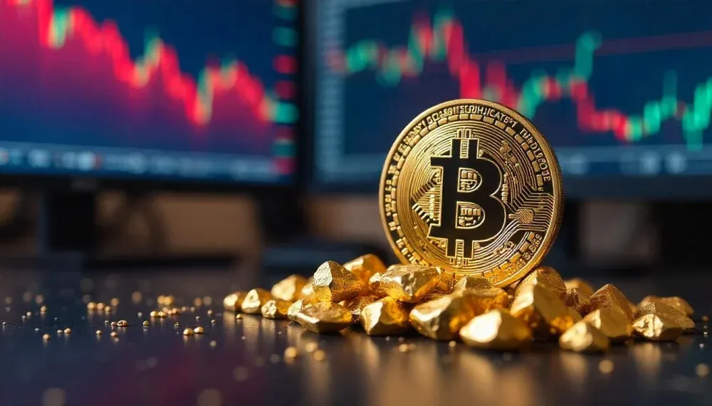 Transaksi digital menggunakan koin emas Bitcoin fisik